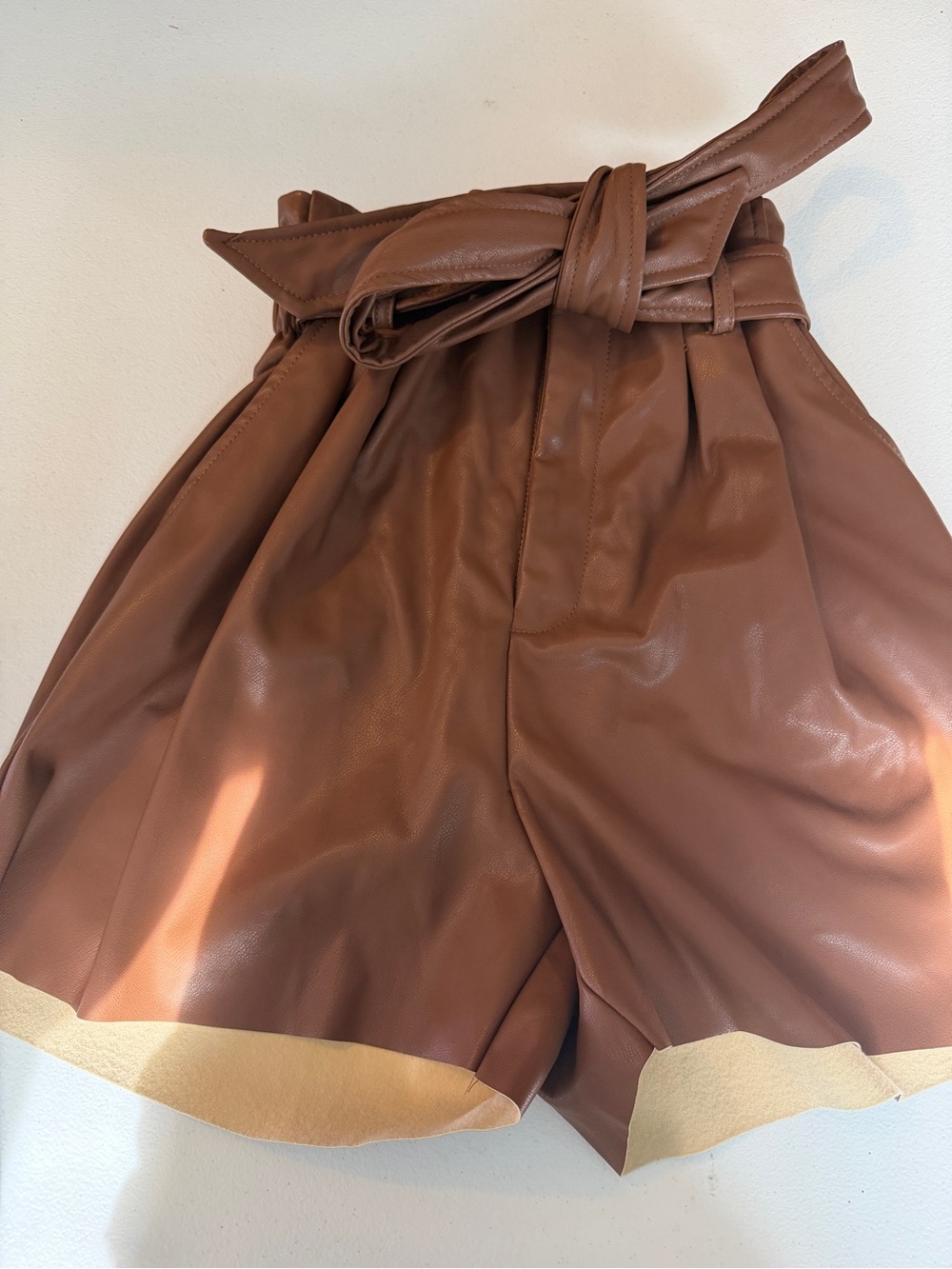 Zenana High-Waist Paperbag Faux Leather Shorts in Brown